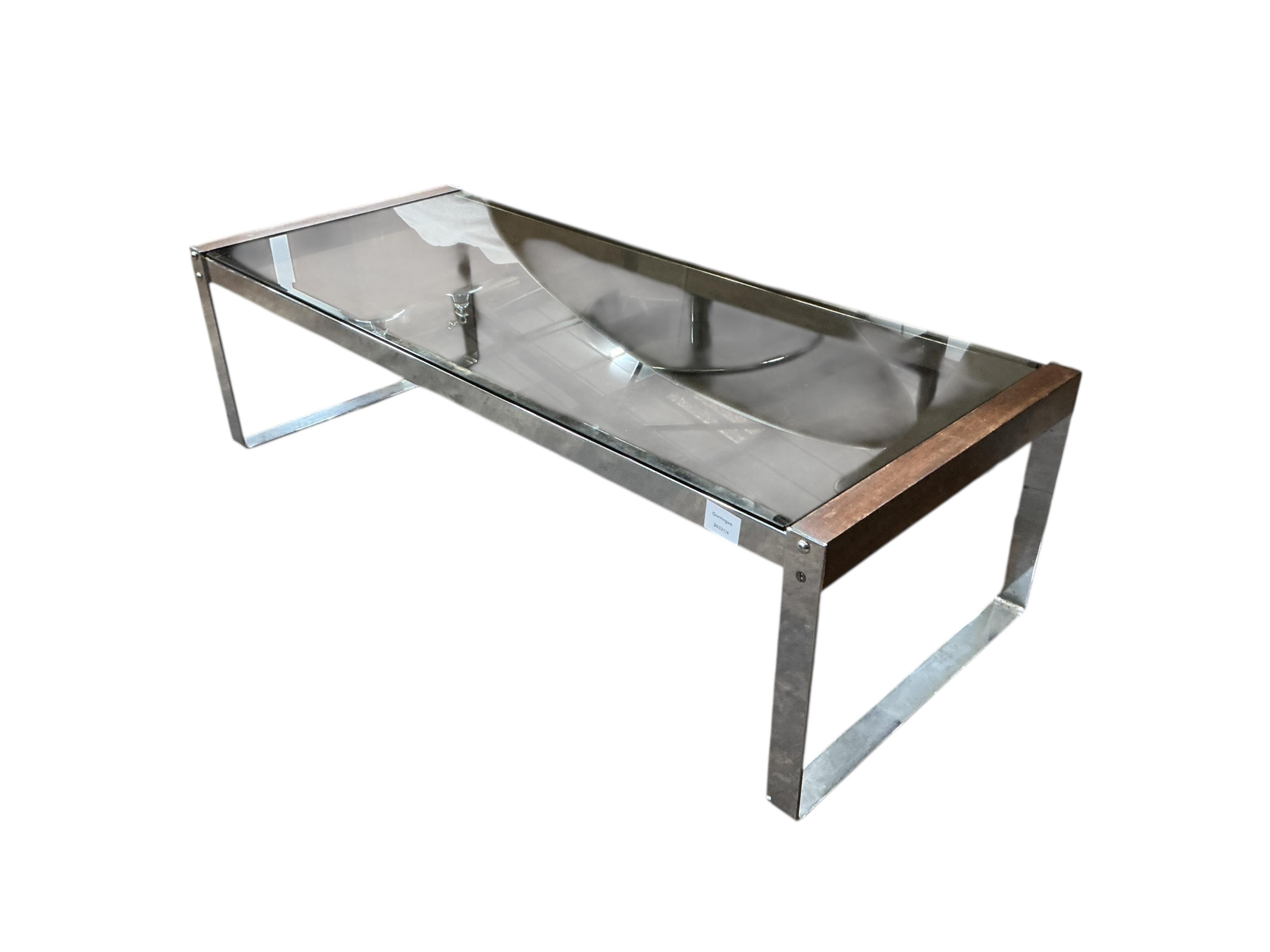 A mid century style teak and chrome rectangular coffee table with smoke glass top, width 114cm, depth 47cm, height 33cm